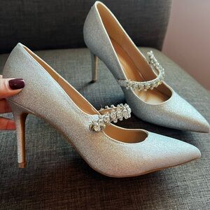 BCBGeneration Silver Heels with Crystal Strap